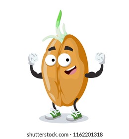 cartoon sprouted wheat seed mascot shows its strength on a white background