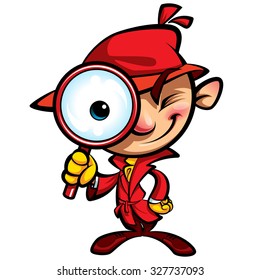 Cartoon Spy Inspector With Red Burberry Looking With A Big Eye Through Huge Magnifying Glass Smiling And Closing One Eye