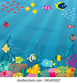 Cartoon square banner of underwater world with copy space.  