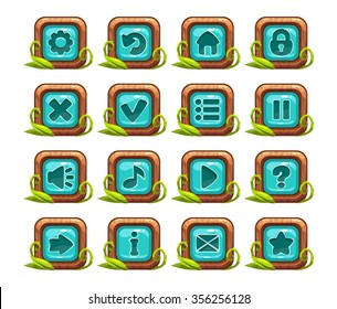 Cartoon square buttons menu set with blue middle and grass decoration, isolated on white