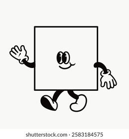 Cartoon square character with arms and legs, wearing gloves and shoes, waving. Black and white illustration of a playful, animated square with a friendly expression. Line art illustration vector.