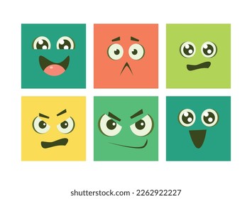 Cartoon Square Face with Emotion Expression Vector Set