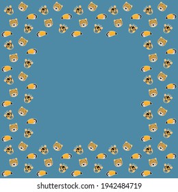 Cartoon square frame of a baby leopard, giraffe, rainbow toucan muzzles on a blue background. Copy space. Vector.