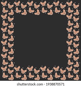Cartoon square frame of cute African fennec fox faces with cheeks, protruding tongues, and white circles on a black background. Template of the tropical animals heads for graphic design, decor. Vector