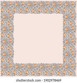 Cartoon square frame of yogi tigers sitting in asanas half lord of fish pose with half twist of the spine Ardha Matsyendrasana, black spots. Light beige background. Backdrop for the text. Vector.