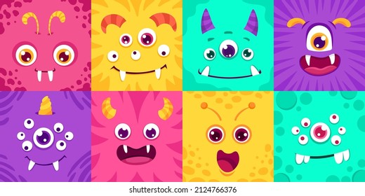 Cartoon Square monster faces big set. Funny cute and colorful creatures for avatars and icons for halloween design. Children vector illustration
