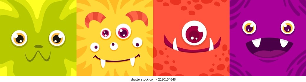 Cartoon Square monster faces set. Funny cute and colorful creatures for avatars and icons. Children vector illustration