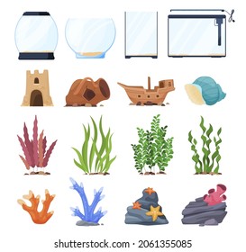 Cartoon squared and spherical equipment for aquarium set vector flat illustration. Antique decor plants, stones, starfish, seaweed, lamp for fish care isolated. Artificial exotic coral and shell