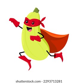 Cartoon squash super hero vegetable character. Isolated vector funny veggies in red superhero cloak and mask flying with raised with arm. Fairytale or comics book healthy vitamin food personage
