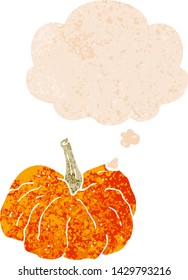 squash de dibujos animados con burbuja de pensamiento en un estilo retro angustiado con texturas estrafalarias