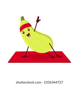 Cartoon squash vegetable character in yoga pose. Vector funny smiling fresh veggies personage stand on one arm attending wellness class. Comic vitamin food on yogi practice for health and mind balance