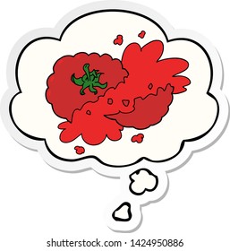 caricatura aplastó el tomate con burbuja de pensamiento como pegatina impresa