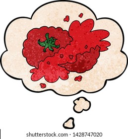 cartoon squashed tomato with thought bubble in grunge texture style