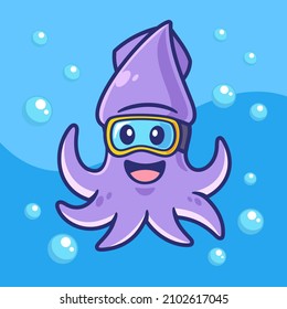 Cartoon Squid Diving in Water