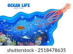 Cartoon squid and sea animals at underwater landscape. 3d vector paper cut scene featuring marine creatures as giant squid, ocean turtle, stingray, and fish, surrounded by colorful coral and bubbles