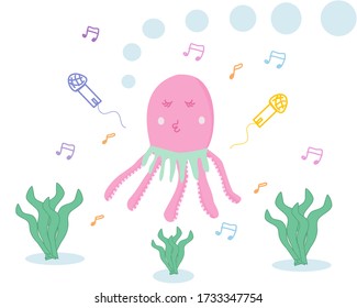 Cartoon squid sing cute karaoke , Cartoon octopus vector, Cartoon pink squid Cute pattern