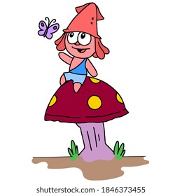 a cartoon squid sitting on a mushroom tree. cartoon illustration sticker mascot emoticon