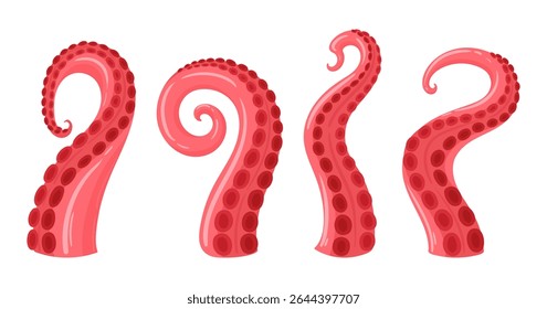 Cartoon squid tentacles. Marine octopus creature palpus, twisted limbs with suckers flat vector illustration set. Ocean octopus animal tentacles on white