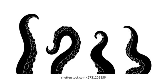 Tentáculos de calamar de dibujos animados con ventosas. Brazos de pulpo para temas submarinos, náuticos, de fantasía, monstruos y marinos