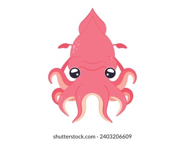 Cartoon Squid Vector Flat Design Isolated on White Background. Cute Cartoon Octopus