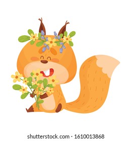 Cartoon Squirrel Animal Gathering Flowers Vector Illustration