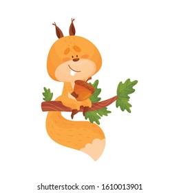 Cartoon Squirrel Animal Sitting on Tree Branch Holding Favorite Acorn Vector Illustration