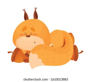 Cartoon Squirrel Animal Sleeping on the Pile of Acorns Vector Illustration