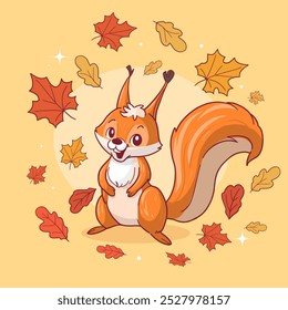 Cartoon squirrel with autumn leaves, vector illustration set