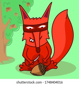 Cartoon squirrel bandit opening nut with knife.