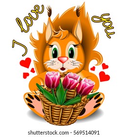 Cartoon squirrel with basket of tulips on a blank background