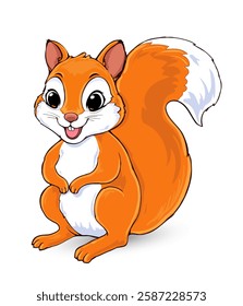 Cartoon squirrel with bright orange tail. Large, expressive eyes and a wide smile.The squirrel stands upright on its hind legs, with arms held slightly forward.