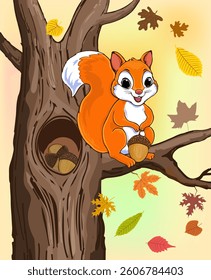 Cartoon squirrel with bright orange tail. Large, expressive eyes and a wide smile.The squirrel sits on tree, autumn leaves.