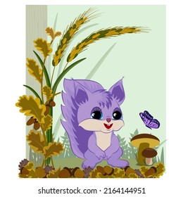 Cartoon squirrel and butterfly with grass and acorn landscape. Vector illustration.