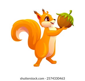 Cartoon squirrel character with acorn as funny wild animal, vector personage. Happy squirrel holding acorn nut for autumn or fall season harvest, Thanksgiving Day and cheerful cute wild forest animal