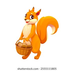 Cartoon squirrel character holding a basket filled with acorns. Isolated vector adorable forest animal, charming woodland personage with large eyes and fluffy bushy tail, exudes sense of joy and fun