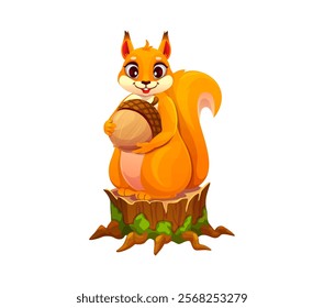 Cartoon squirrel character holding a big acorn while perched on a tree stump. Isolated vector cute and funny forest animal personage with orange fur and lively cheerful expression exudes playful vibe