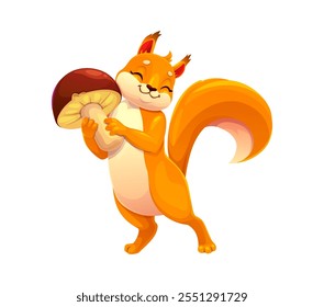 Personaje de ardilla de dibujos animados sosteniendo alegremente un Grande hongo. Personaje animal lindo del bosque del Vector aislado con una capa naranja vibrante, cola esponjosa y expresión alegre exuda felicidad en el bosque