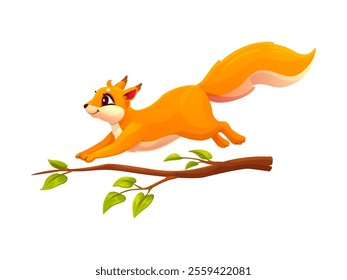 Cartoon squirrel character leaps gracefully across a tree branch. Isolated vector cute and funny forest animal personage with orange fur and fluffy tail captures essence of joy and adventure in nature