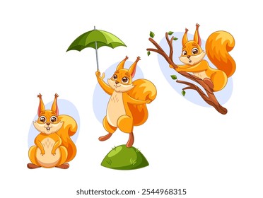 Cartoon Squirrel Character In Playful Animated Poses Highlighting Their Fun And Energetic Personalities Isolated on White Background. Cartoon Vector Illustration For Children Content And Nature Lovers