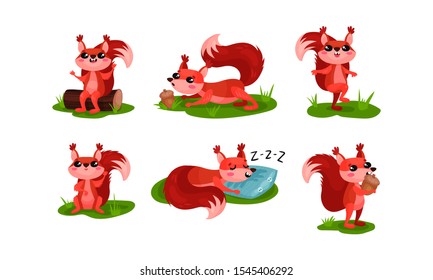 Cartoon Squirrel Character Playing With Nut Vector Set