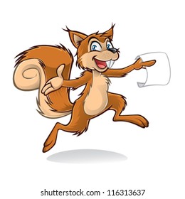 Cartoon squirrel cheering and jumping while holding blank paper