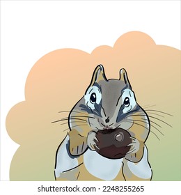 Kartoon-Eichhörnchen auf einer Nuss kauen, mit Bürsten gemalt, Vektorgrafik.