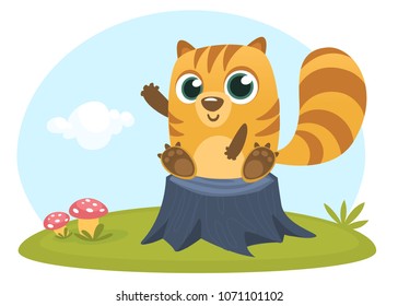 Cartoon squirrel chipmunk. Forest animal vector illustration of chipmunk sitting on the wood stump