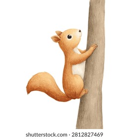 Cartoon squirrel climbing tree vertically