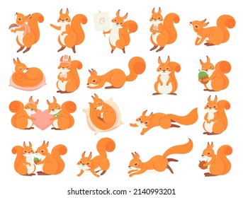 Cartoon squirrel collection poses, happy and love. Vector squirrel animal and wild fauna, wildlife fluffy mascot character illustration