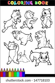 Cartoon squirrel coloring book illustrations for children.