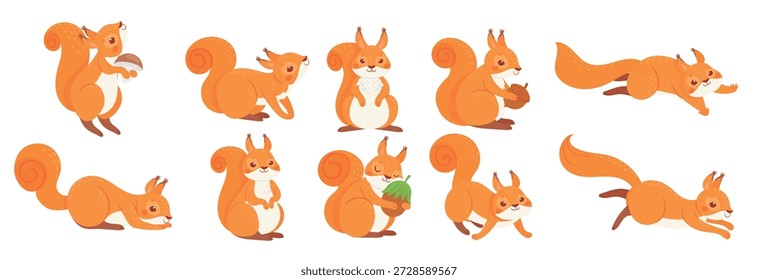 Ardilla de dibujos animados. Ardillas lindas con cola peluda roja, mamíferos, animales y Vector de ardilla de piel marrón. Adorable fauna forestal, divertida colección de pegatinas de vida silvestre. Pack de ilustraciones de cachorro feliz