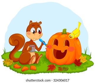 cartoon squirrel decorating a pumpkin for Halloween
