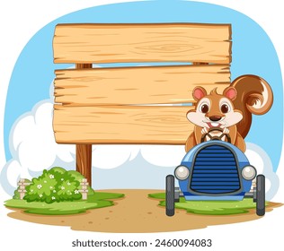 Cartoon squirrel driving a blue car near a sign