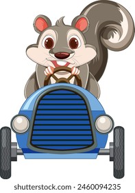 Cartoon squirrel driving a vintage blue car